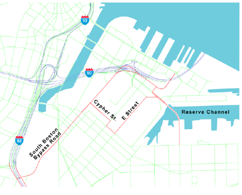 This figure is a map of important roadways in the South Boston Waterfront and parts of the South Bay industrial area.